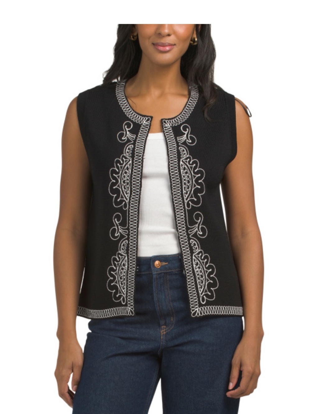 Elie Tahari Womens Cassia Open Front Sleeveless Jacket XS Black/White NWT $295